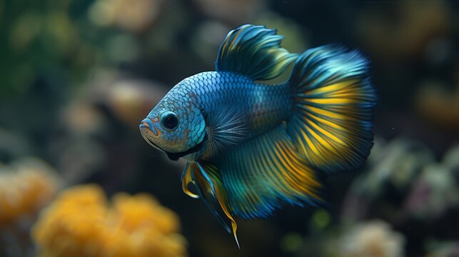  A sharp image of a vivid blue-yellow fish against bright yellow coral backdrop in aquarium