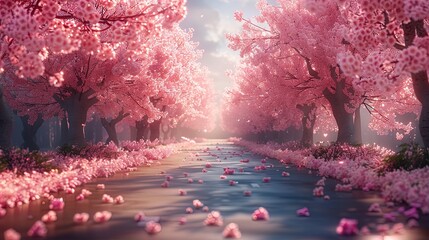 Wide-angle view of a serene park filled with pink cherry blossoms, inviting viewers to immerse the