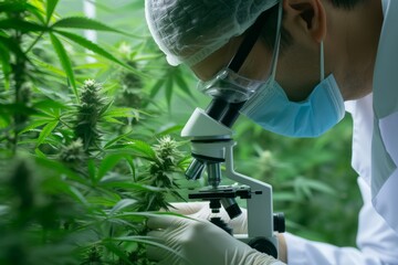 Scientist looking at cannabis through a microscope
