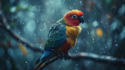  A rainy, lush forest shows a colorful bird atop a tree branch, surrounded by droplets of water