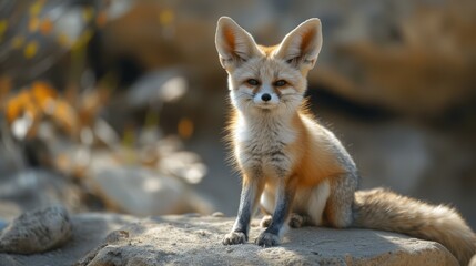 Naklejka premium A close-up of a tiny fox perched atop a boulder by the edge of a tranquil lake, surrounded by craggy cliffs