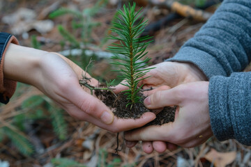 Hands Nurturing an Evergreen Sapling