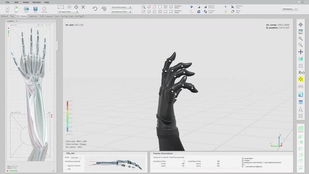 Assembling a futuristic 3D robotic hand for prosthetic surgery. Creating a prototype of a futuristic robotic wrist for medical surgery. Fabricating the surgery replacement of a futuristic robotic arm