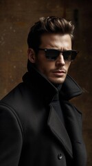 Obraz premium Stylish Man in Black Coat and Sunglasses Posing Against a Textured Wall