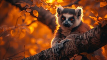  A sharp lemur image on a tree, surrounded by leafy haze - obrazy, fototapety, plakaty