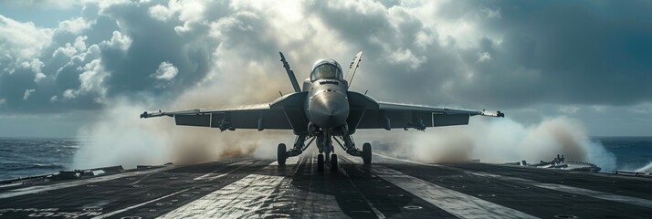 Fighter jet landing on an aircraft carrier, military banner - obrazy, fototapety, plakaty