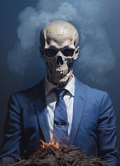 Drawing of a skeleton in a suit and a small fire in front