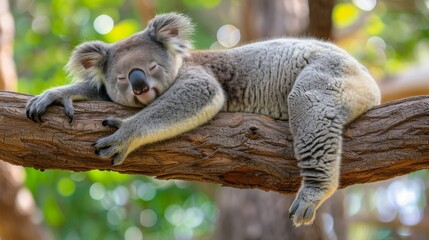  A koala resting on a tree branch, eyes closed