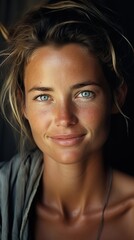 Close-up portrait of beautiful young woman with beautiful smile, striking blue eyes and a captivating look