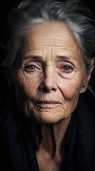 A Close-up portrait of an expressive elderly woman, with her face full of wrinkles and sad look