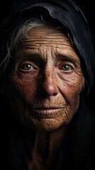 A Close-up portrait of an expressive elderly woman, with her face full of wrinkles and sad look