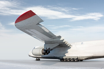 White wide body transport cargo aircraft isolated on bright background with sky