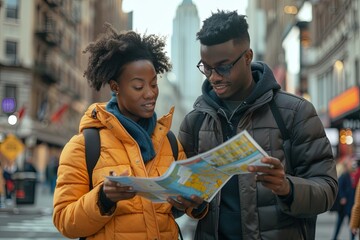a young couple, a man and woman looking for direction in the city, they are holding a map.