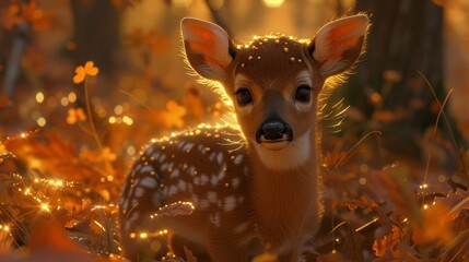  A picture of a deer in a grass field, lit from above its head