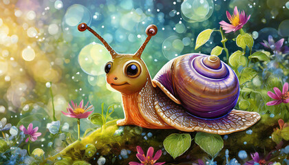 Detailed acrylic painting of funny cartoon snail. Cute creature - obrazy, fototapety, plakaty