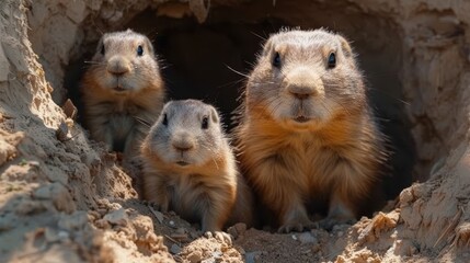 Naklejka na ściany i meble Three groundhogs peering from a rocky crevice, amidst dirt terrain