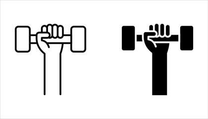 Fototapeta premium Hand with dumbbell linear icon set. Thin line vector isolated on white background