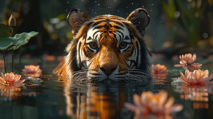 Foto op Plexiglas  A tight shot of a tiger swimming amidst lily pads in a waterway © Janis