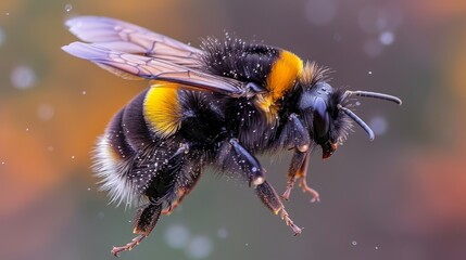  close-up of bee with water droplets on back legs, yellow and black striped chest - obrazy, fototapety, plakaty