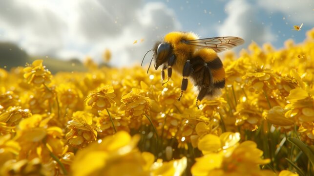  A picture of a bee in a field surrounded by yellow blossoms, against a backdrop of blue skies and white cloud formations