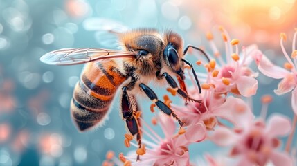  Bee sitting on pink flower against blue-white backdrop with many pink flowers - obrazy, fototapety, plakaty