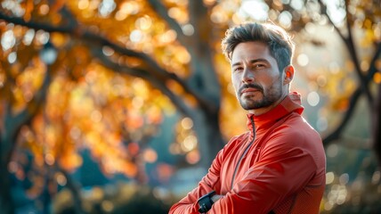 Man in Red Jacket Standing by Tree. Generative AI