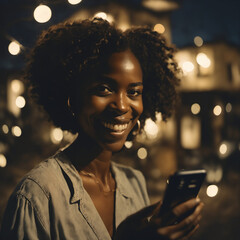 Mujer afroamericana sonriendo viendo el celular en su mano de noche en la ciudad - obrazy, fototapety, plakaty