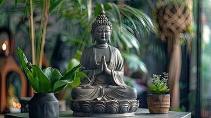 Find serenity and inner peace with a tranquil Buddha sculpture, a symbol of harmony and mindfulness for your space - obrazy, fototapety, plakaty