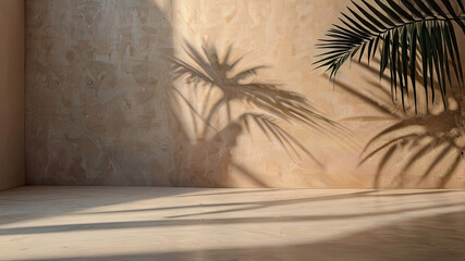 Background with graphic shadows on the wall and a palm flower