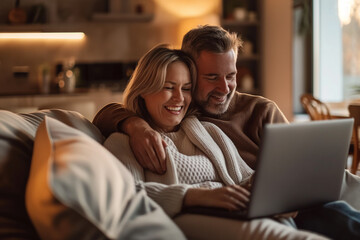 Photo of a happy middle-aged couple sitting on the sofa in a modern living room and using a laptop