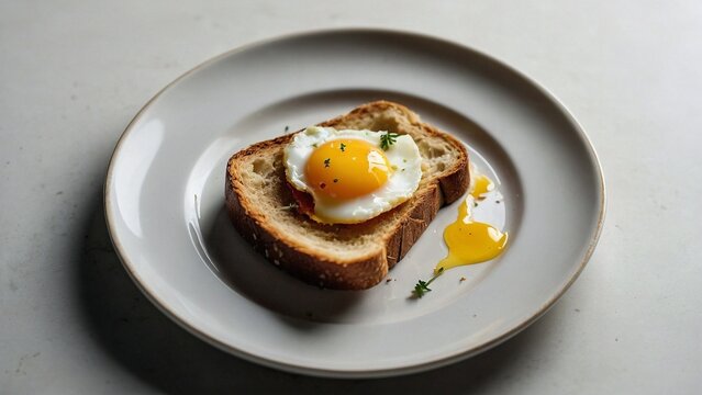 Pan tostado con huevo estrellado encima, desayuno concepto