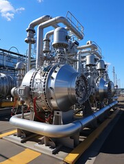 Gas pipelines, valves at a distribution station, a natural gas pumping and processing plant, an industrial image with a place for text, Generative AI.