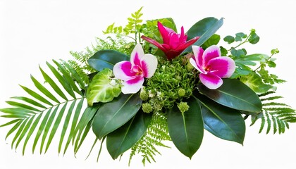 tropical leaves and flower garland bouquet arrangement mixes orchids flower with tropical foliage fern philodendron and ruscus leaves isolated on white background with clipping path