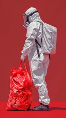 Person in Protective Hazmat Suit Handling Red Biohazard Waste Bag Against Red Background