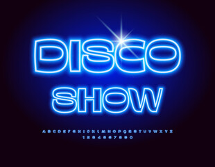 Vector cool Banner Disco Show. Stylish Glowing Font. Trendy Blue  Alphabet Letters and Numbers.