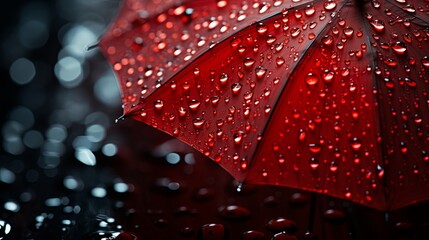 Rainy Day droplets on red Umbrella Close-up. Vivid umbrella with fresh water raindrops, copy space, suitable for rainy day concepts, Generative AI.