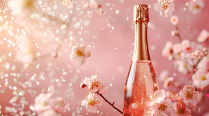 gold champagne bottle with pastel color confetti and spring flowers flying around spring celebration on pink background, - obrazy, fototapety, plakaty