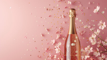 gold champagne bottle with pastel color confetti and spring flowers flying around spring...