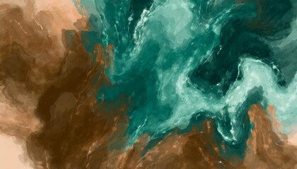 abstract watercolor paint background by deep teal color brown and green with liquid fluid texture for backdrop - obrazy, fototapety, plakaty