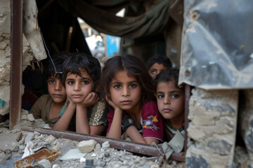Children hiding in an area destroyed by war. Victims of a military conflict concept