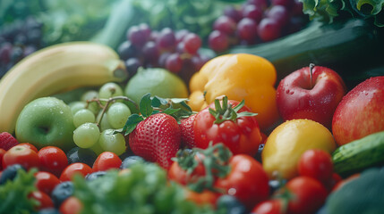 Vibrant close-up of a healthy mix of fruits and  variety of natures vegetables