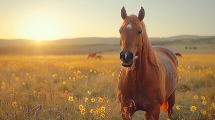  A brown horse grazes in a field surrounded by lush green grass and bright yellow wildflowers