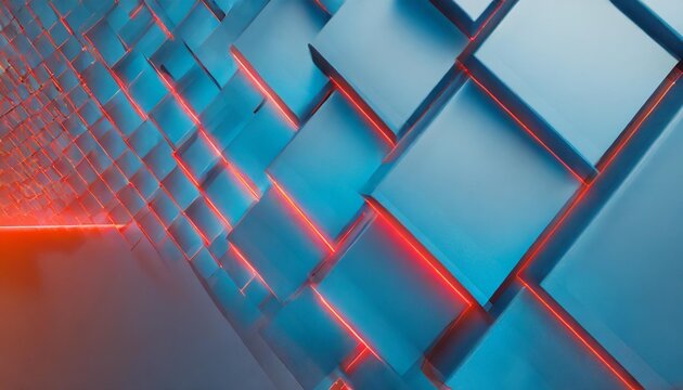 abstarct futuristic 3d wall render business background concept blue square shapes and red light