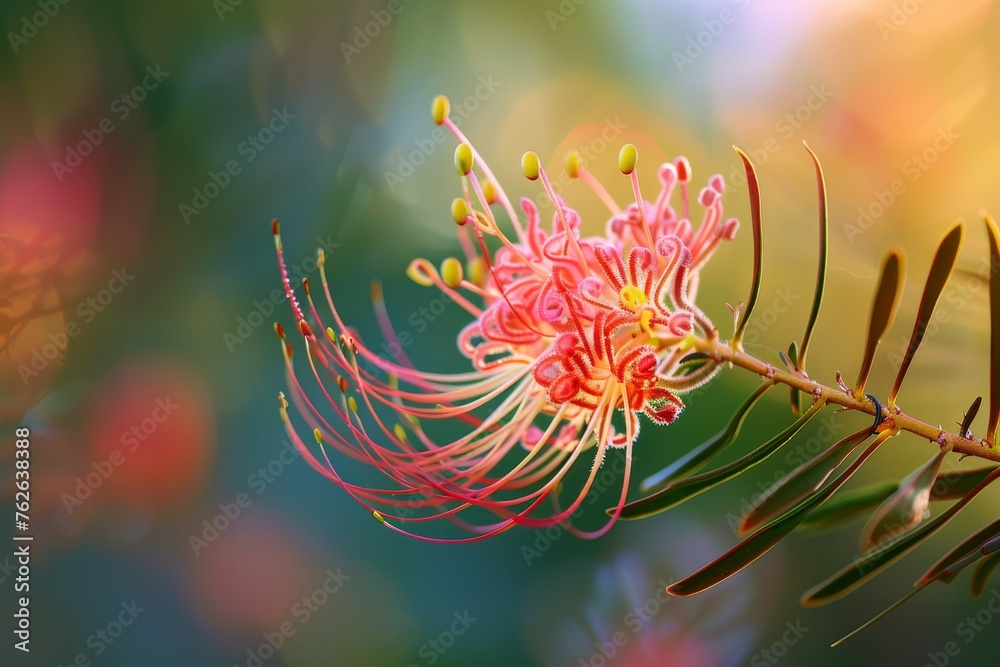 Poster a detailed close-up of a vibrant pink flower blooming on a tree branch, showcasing intricate pattern