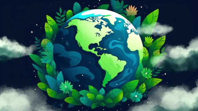 Earth globe illustration animation vertical with plants copy space banner ecological earth day hour safe clouds clear trees mountains environmental problems on blue background