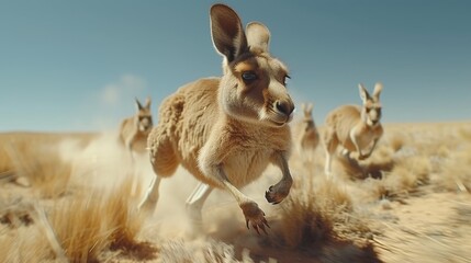  A group of kangaroos sprinting over parched, golden grasslands beneath a cloudless blue sky - obrazy, fototapety, plakaty