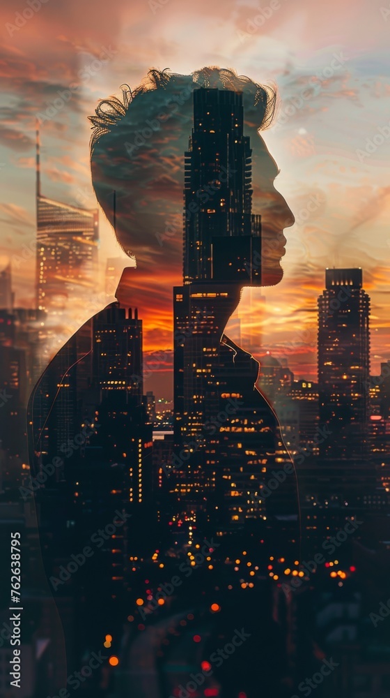 Poster A double exposure showcasing a womans face superimposed in front of a bustling cityscape. The womans features blend seamlessly with the urban background, creating a striking visual effect.