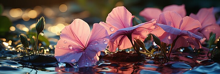 Witness a water droplet on a fresh morning glory flower petal, Aelita Ipomoea, capturing the purity and fragility of nature in this beautiful landscape picture, Generative AI. - obrazy, fototapety, plakaty