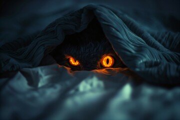 Mysterious eyes glowing under dark blanket