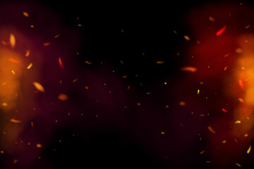 Fire sparks on a black background. Burning glowing particles in red bonfire smoke. Flame sparkles - 762638756